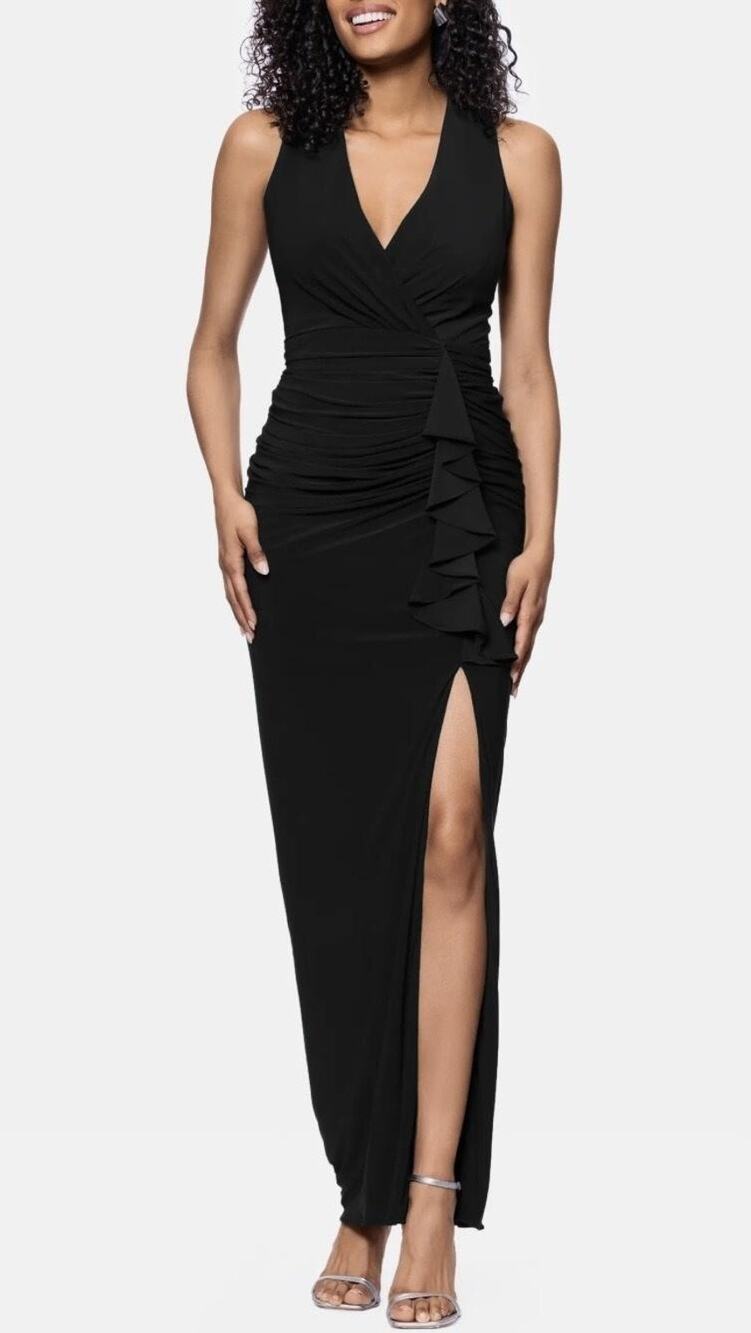 Betsy & Adam Dress Womens 10 Black Ruched Ruffle Slit Bodycon Gown Formal